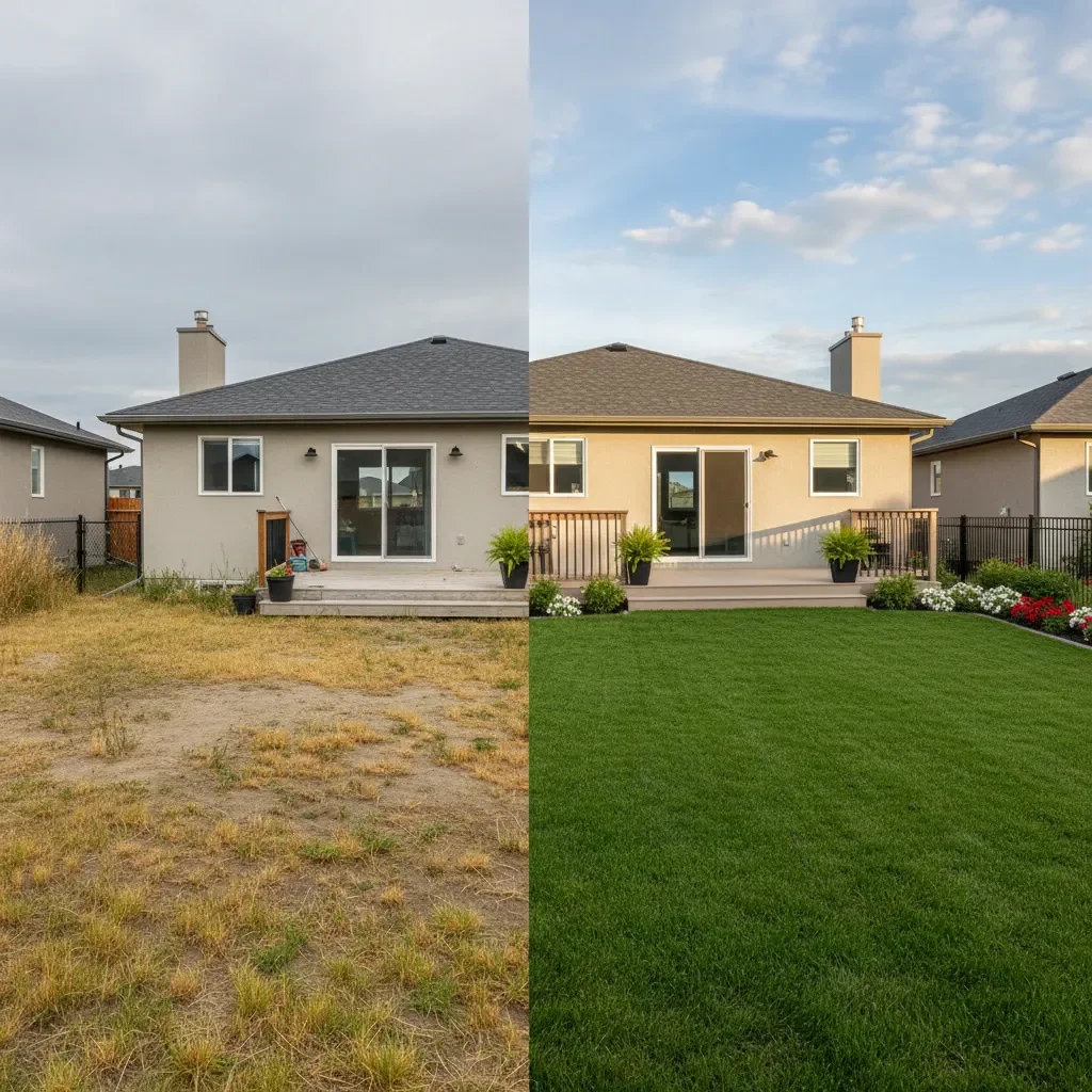 Turf supplier transformation - before and after by Meadows Landscaping Airdrie in Airdrie
